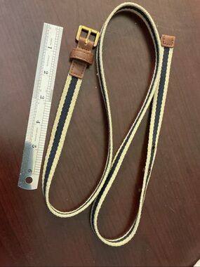 Striped Canvas Belt with Brown Leather Trim — Navy and Tan